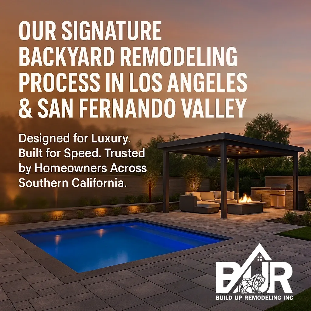 Backyard remodeling advertisement with pool and fire pit.