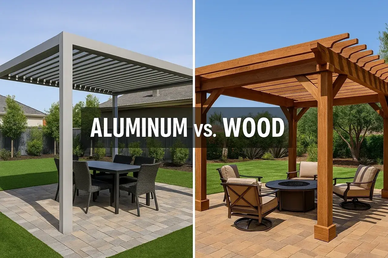 Aluminum versus wood pergola comparison outdoors.