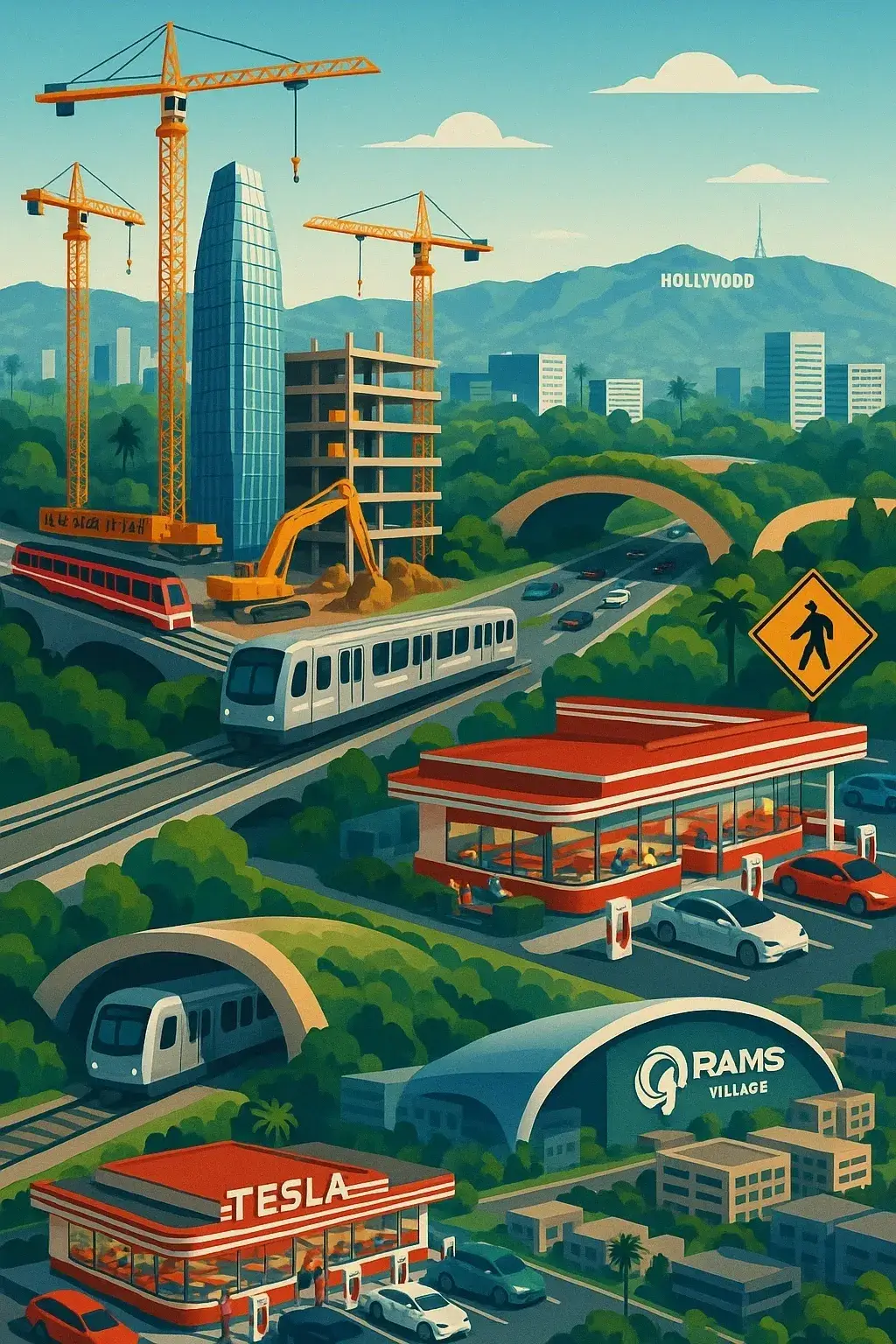 Futuristic cityscape with trains and construction cranes.
