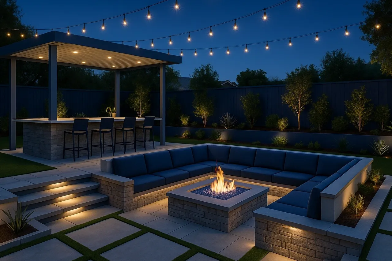 Outdoor patio with fire pit and lights.