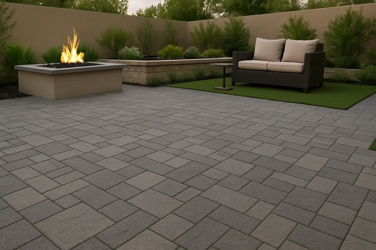 Modern patio with fire pit and seating.