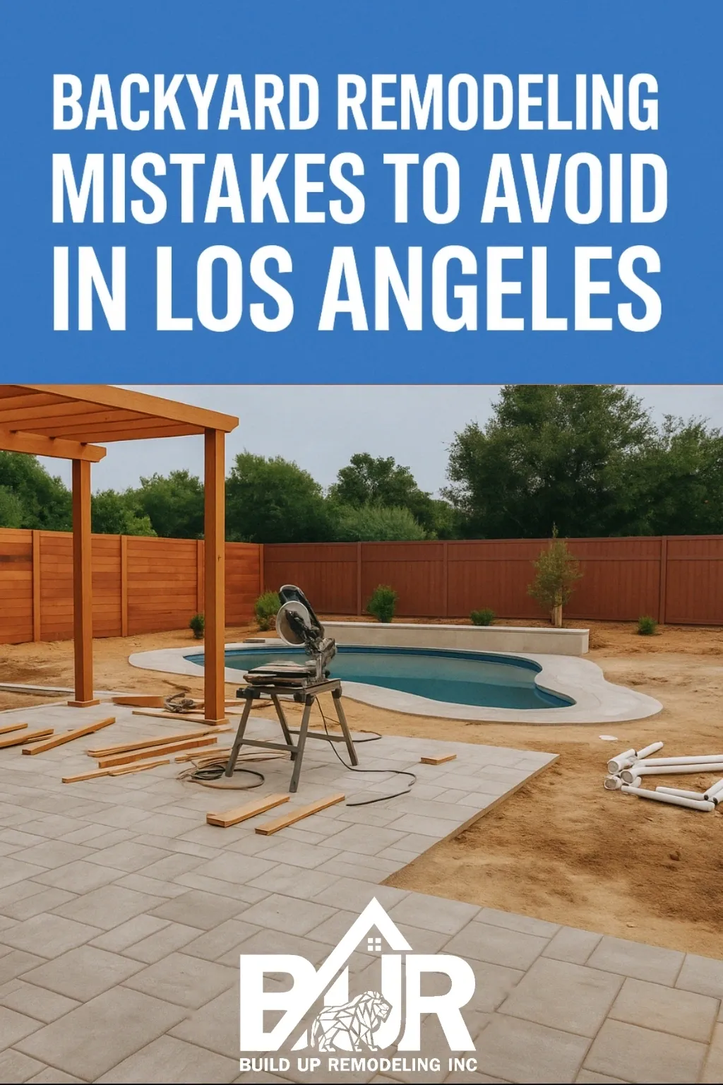 Backyard remodeling with pool and tools.