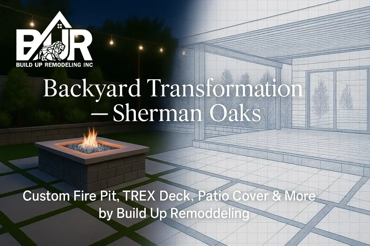 Backyard transformation design with fire pit.