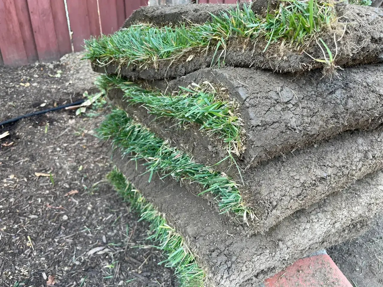 Stacked rolls of fresh green sod grass.