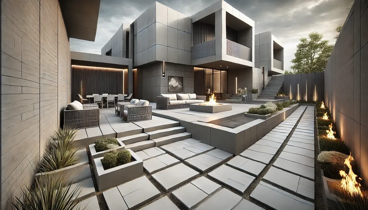 Modern patio with fire pit and seating.