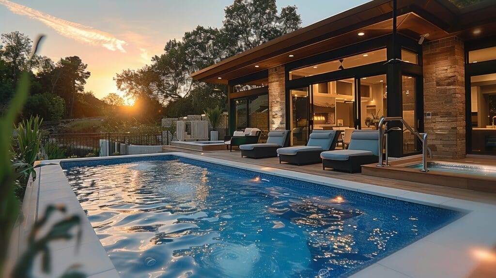 Luxurious poolside seating at sunset with warm lighting and a modern outdoor design.