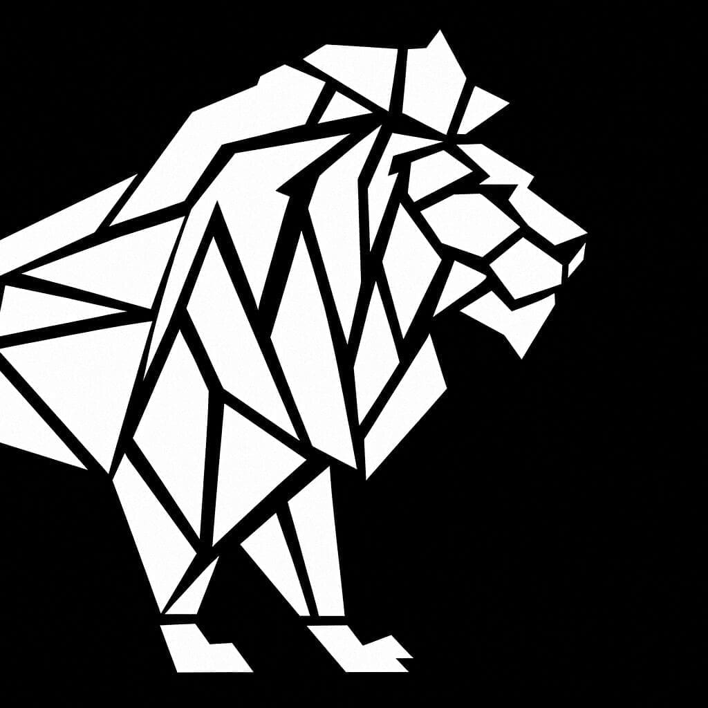 Geometric lion silhouette in black and white.