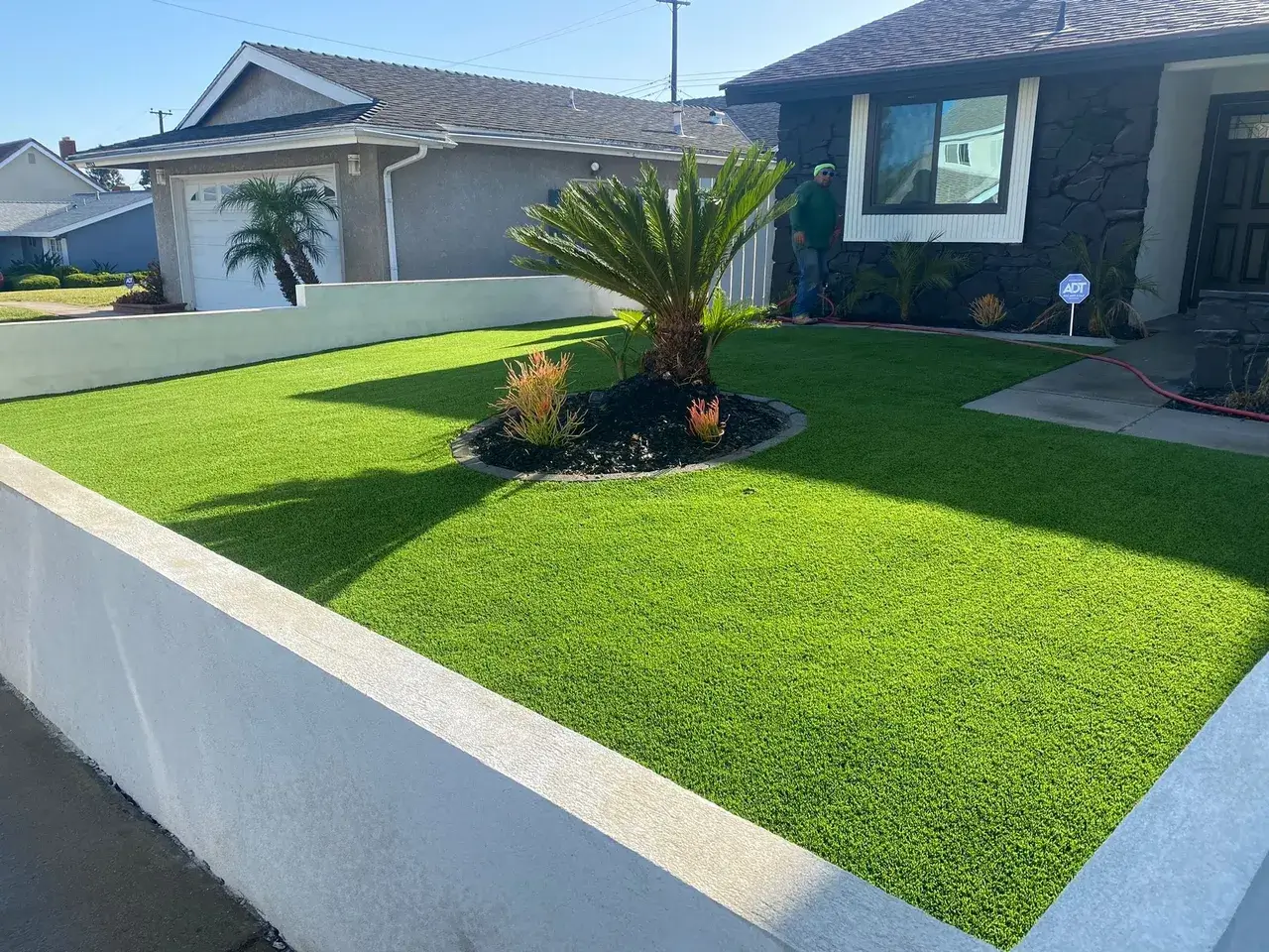 Well-maintained front yard with lush green lawn and a small palm tree.