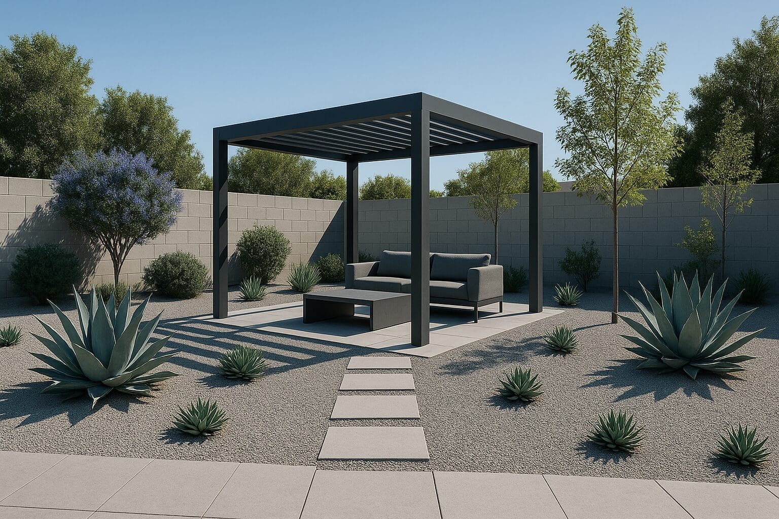 Modern Los Angeles backyard with a dark gray pergola, drought-tolerant landscaping, agave plants, and minimalist seating on a sunny day.