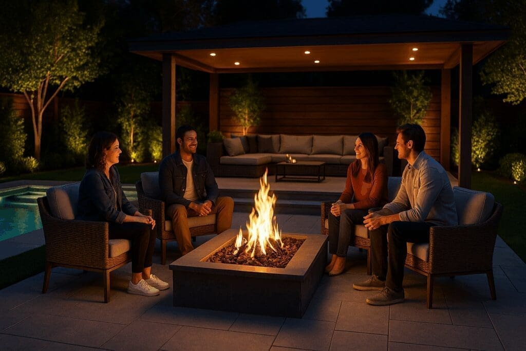 Luxury Los Angeles backyard with fire pit, cabana, and modern lounge seating perfect for entertaining.