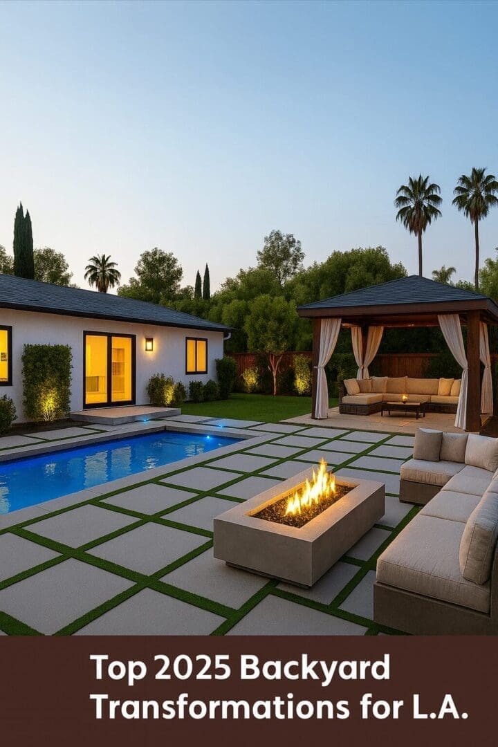 Outdoor Living Trends 2025: Create Your Retreat Los Angeles backyard transformation 2025 with modern pavers, turf inlays, pool, fire pit, and cabana at sunset.