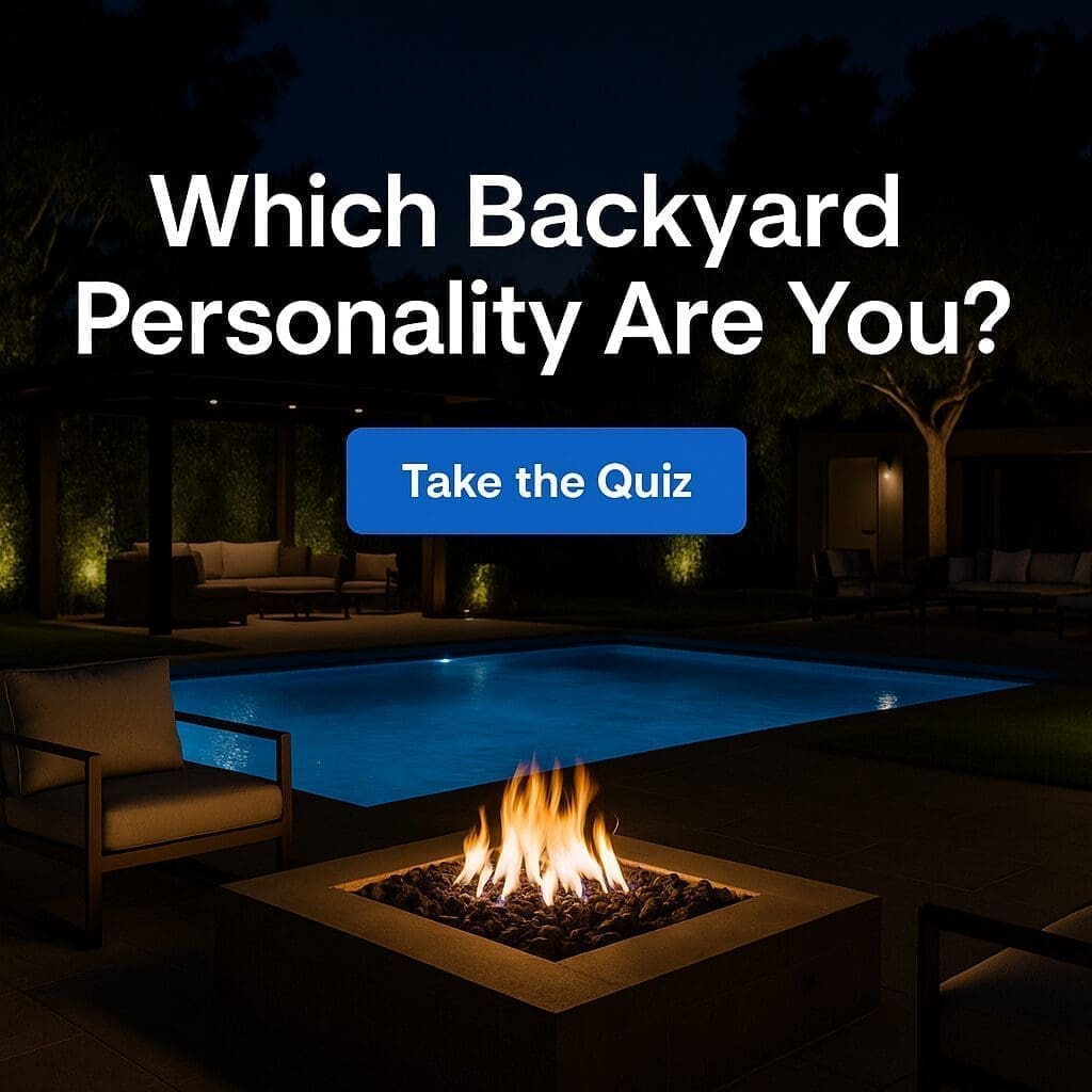 Backyard personality quiz with pool and fire.