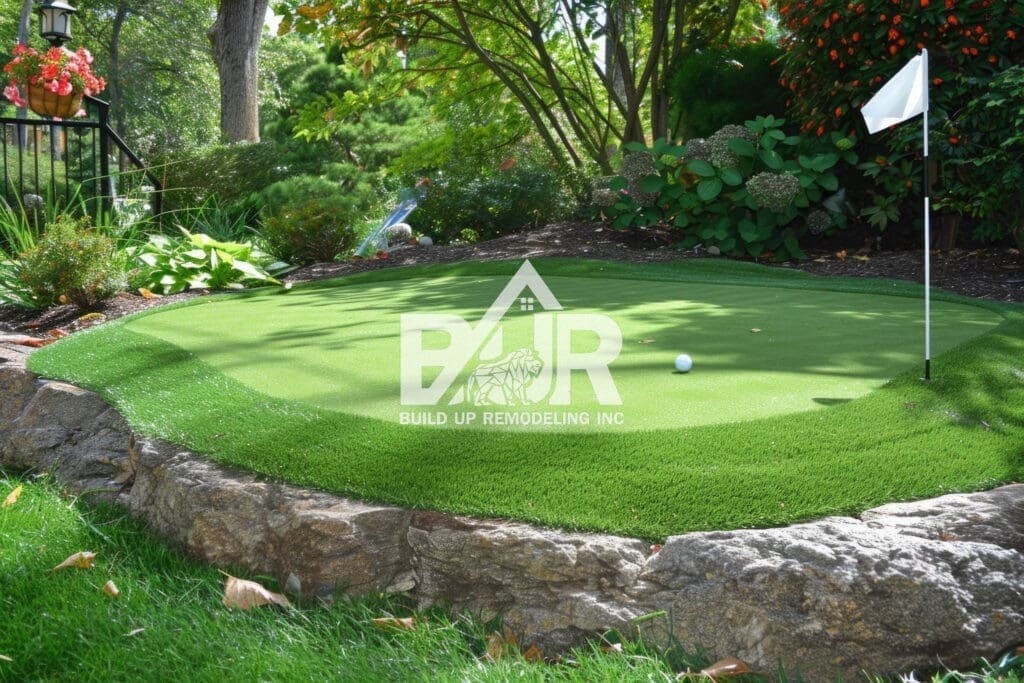 Putting green in backyard with two flags