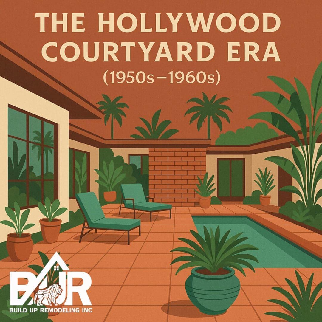 Mid-century modern Hollywood courtyard illustration.