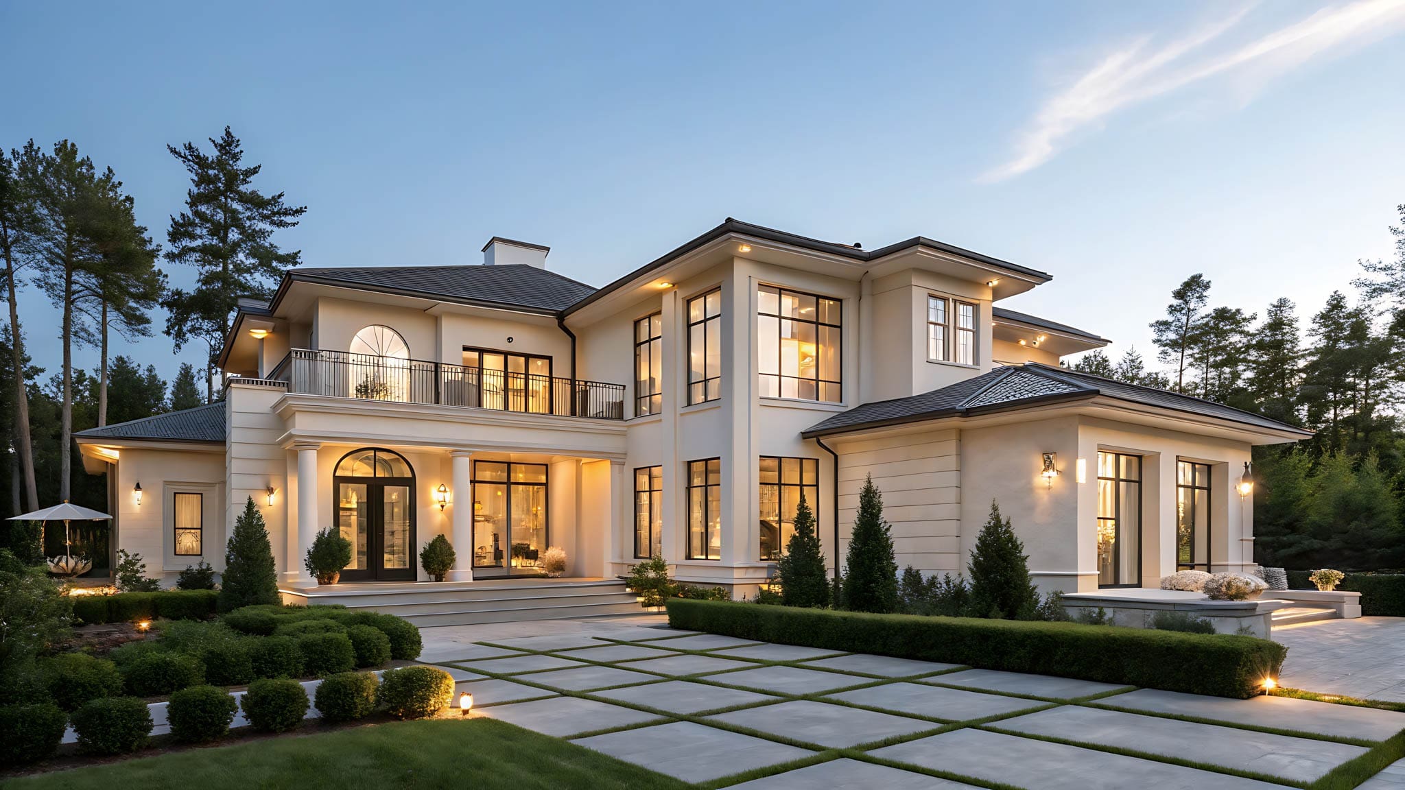 Elegant modern mansion with landscaped garden.