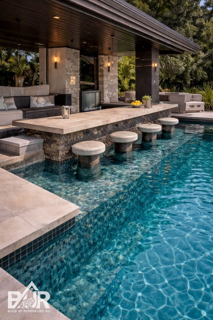 Luxury poolside bar with stone stools.