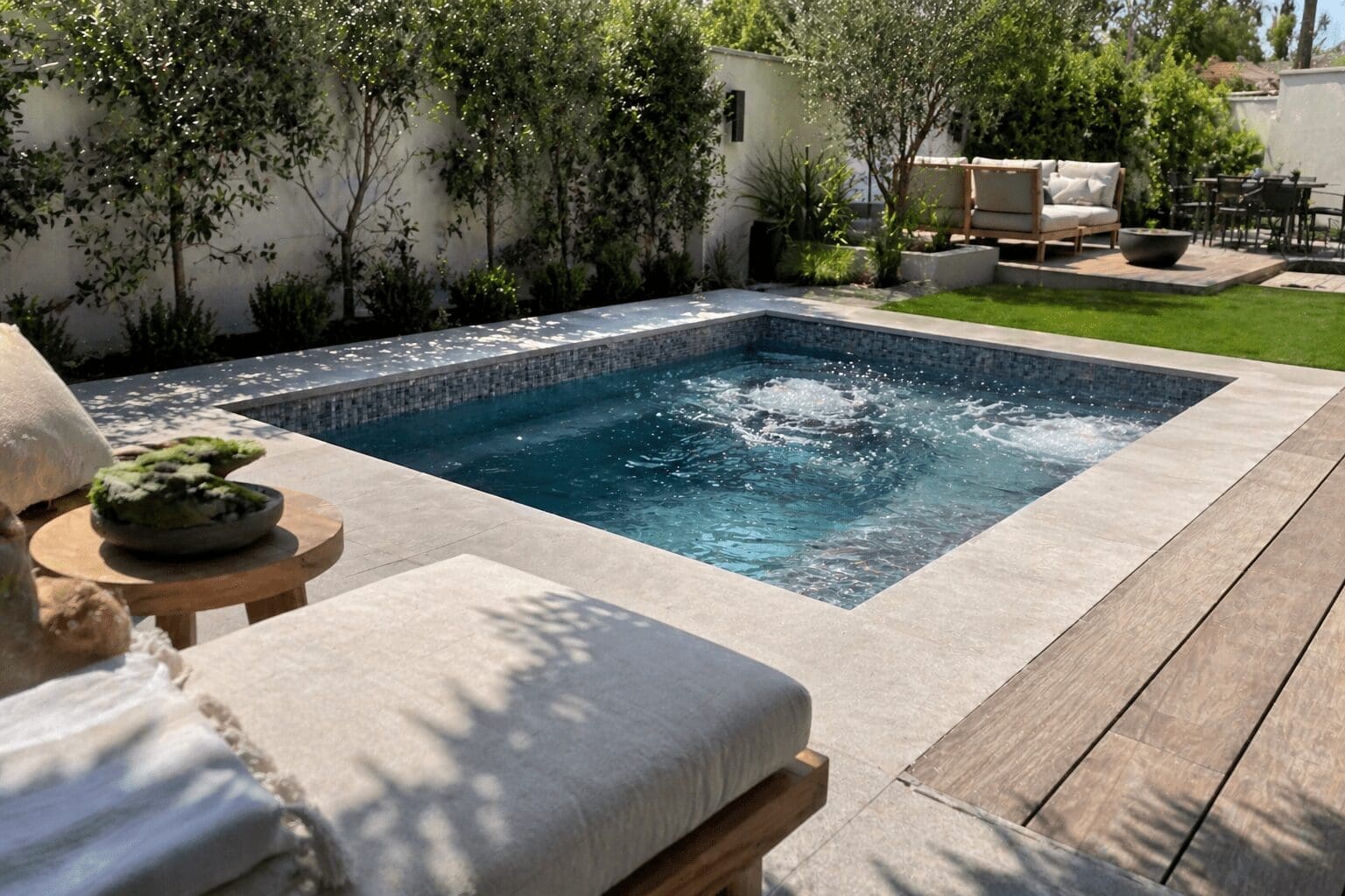Square backyard plunge pool with outdoor seating