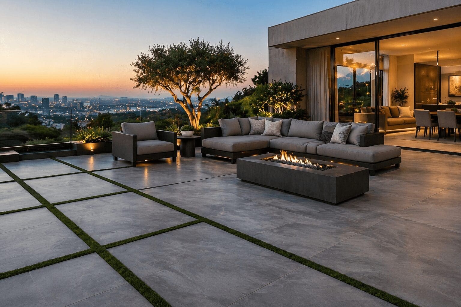 Modern patio with city view at sunset.