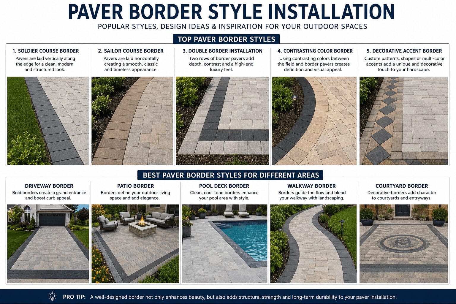 Paver border styles infographic with photo examples