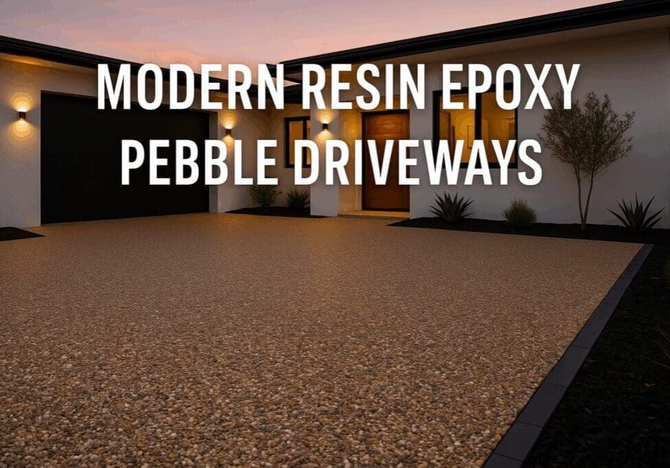 Modern resin epoxy pebble driveway at sunset.