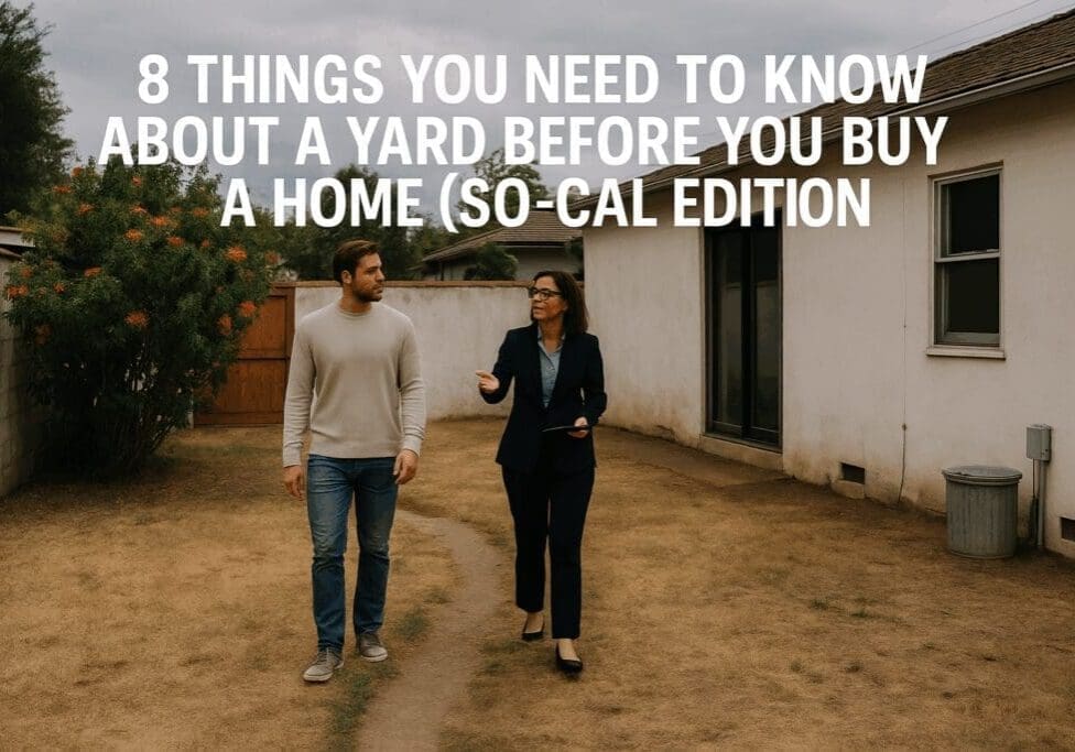 People discussing yard in Southern California home.