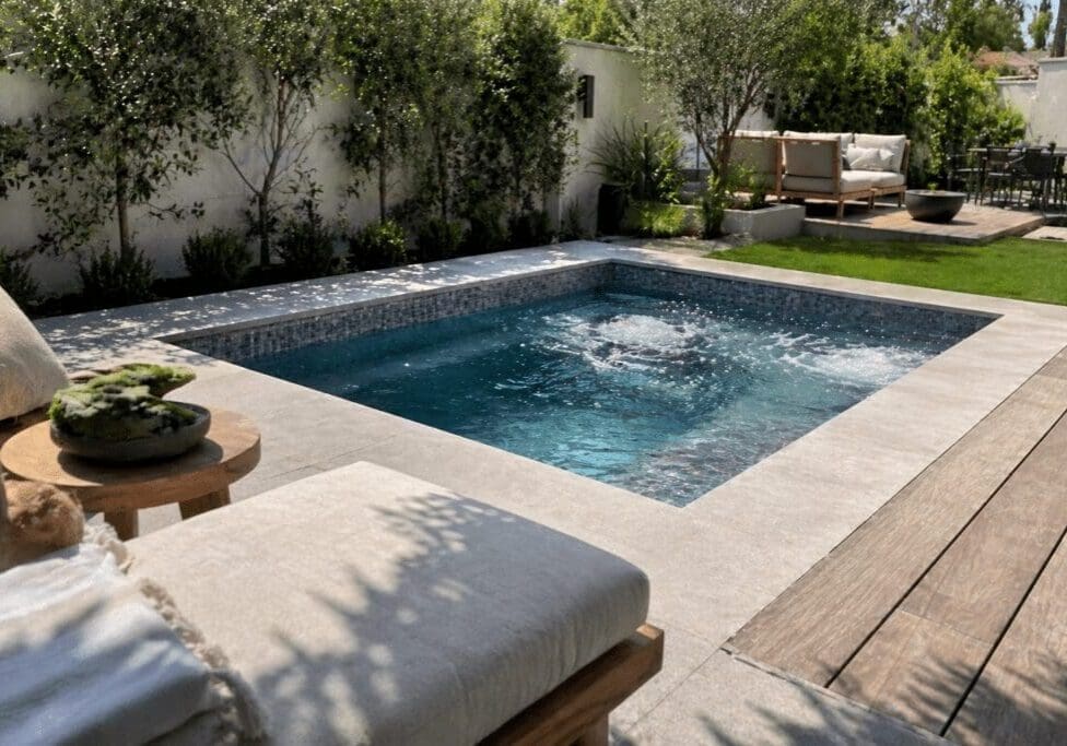 Square backyard plunge pool with outdoor seating