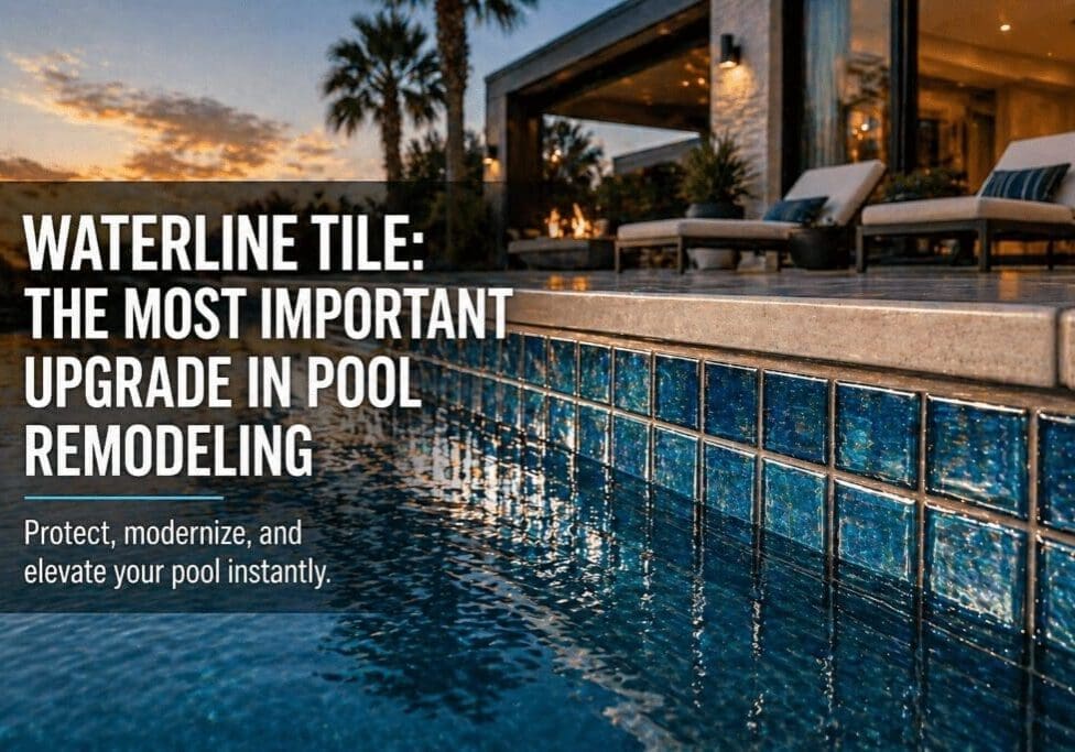Luxury backyard pool with blue waterline tile