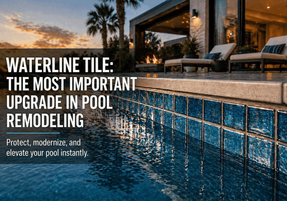 Luxury backyard pool with blue waterline tile