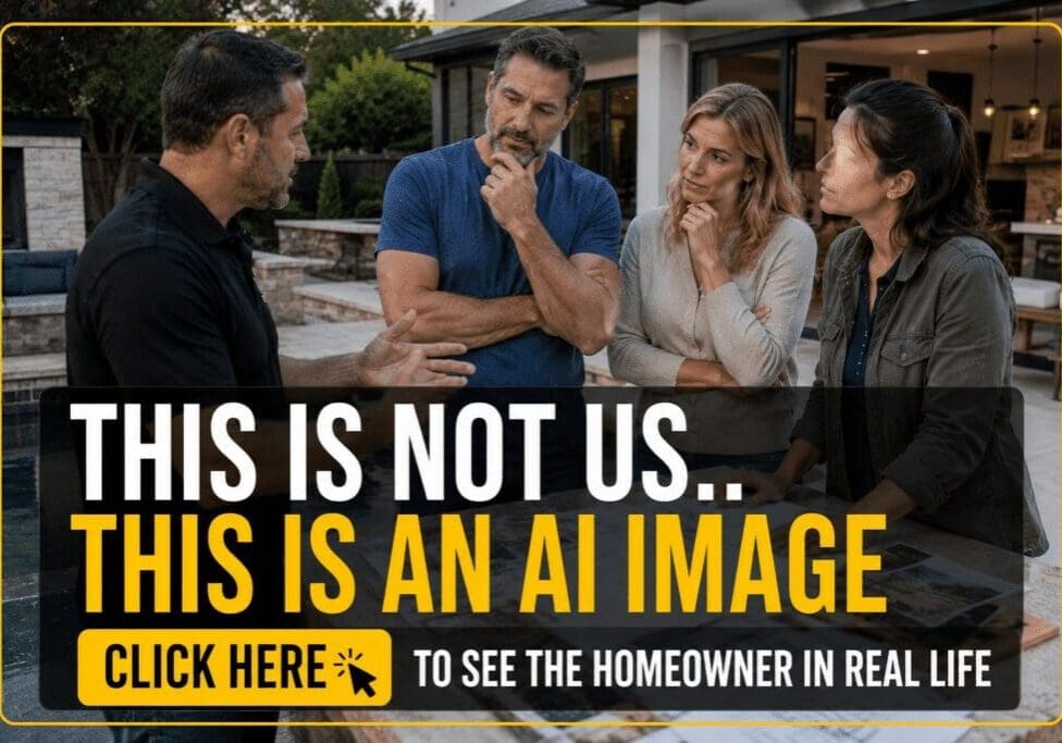 Four people conversing around patio table