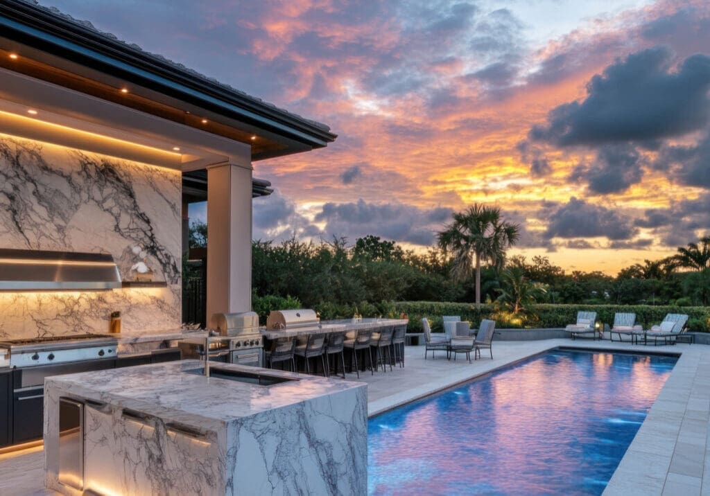 Luxury outdoor kitchen and pool at sunset.