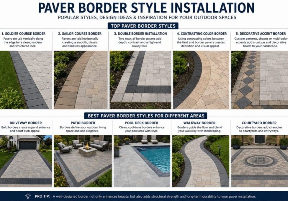 Paver border styles infographic with photo examples
