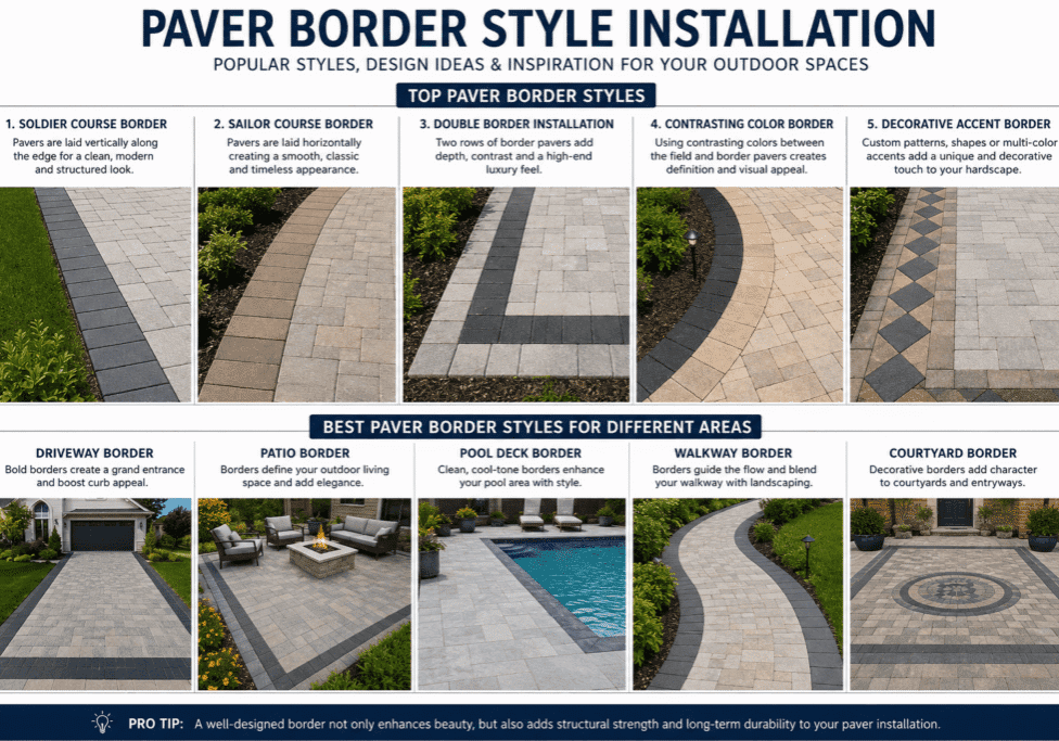 Paver border styles infographic with photo examples