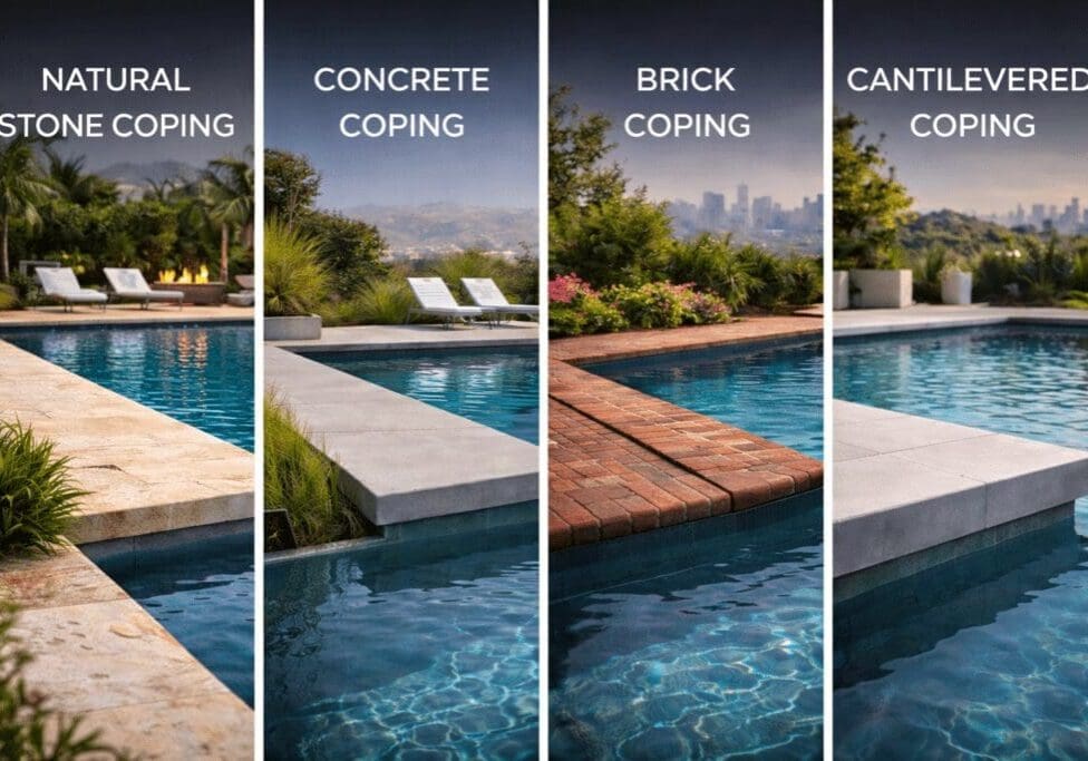 Pool coping options: stone, concrete, brick, cantilevered.