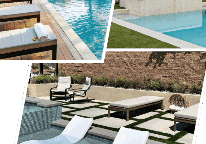 Modern backyard pools with lounge chairs.