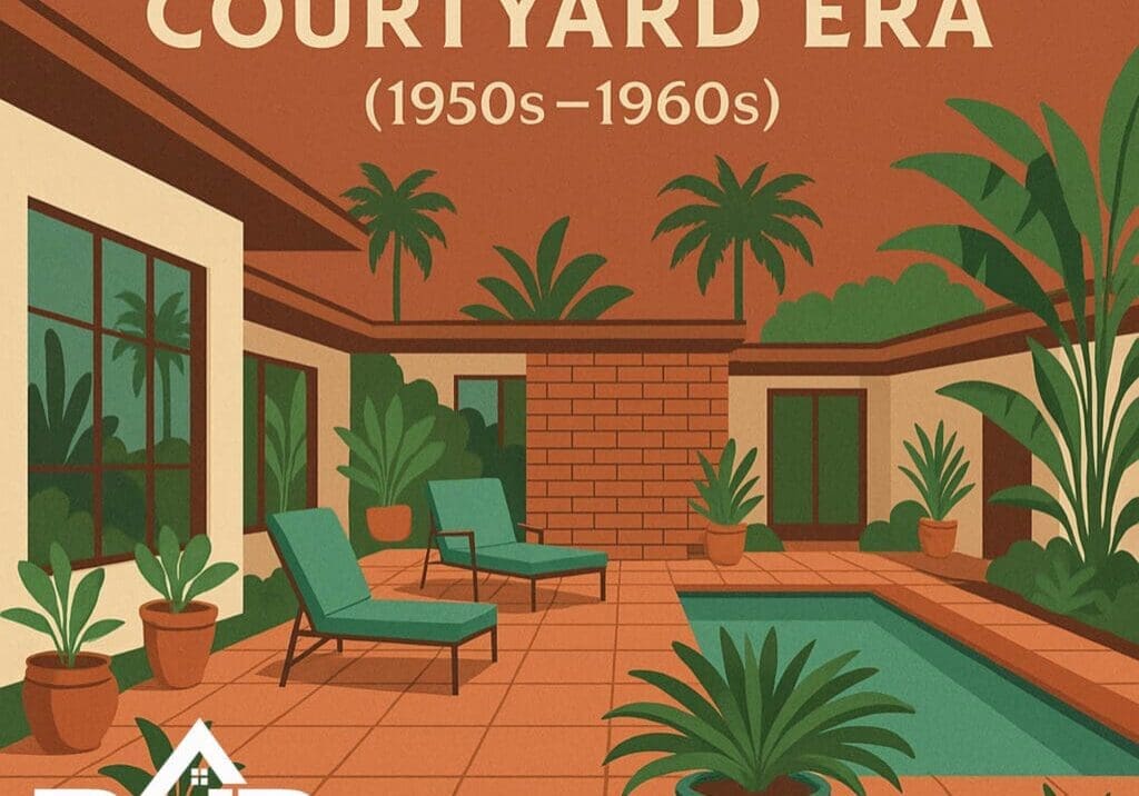 Mid-century modern Hollywood courtyard illustration.