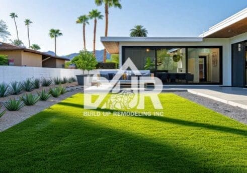 Modern house with manicured lawn and garden.