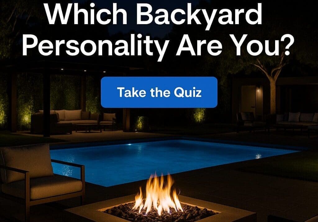 Backyard personality quiz with pool and fire.