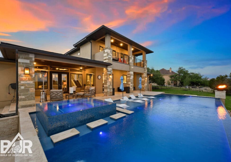 Luxury backyard remodel with pool, fire pit, and outdoor living space in Los Angeles