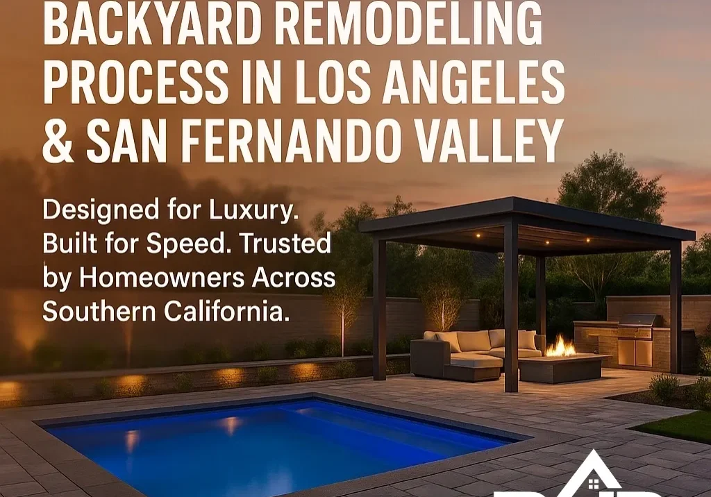 Backyard remodeling advertisement with pool and fire pit.