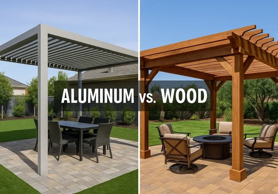 Aluminum versus wood pergola comparison outdoors.