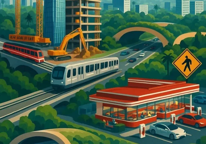 Futuristic cityscape with trains and construction cranes.