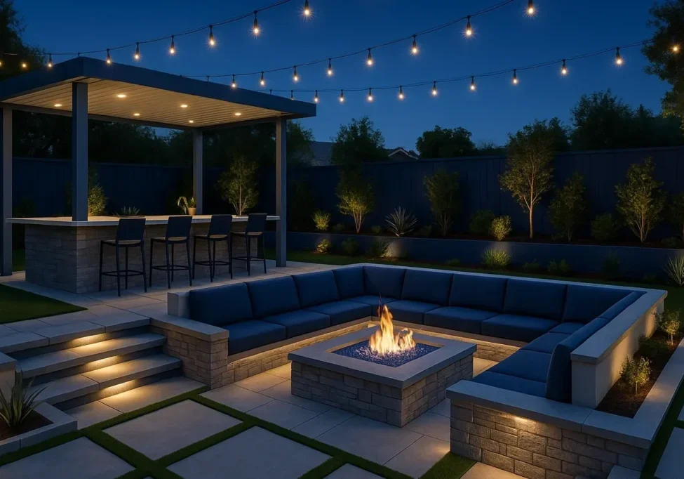Outdoor patio with fire pit and lights.