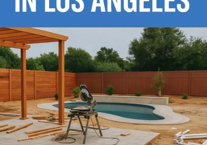 Backyard remodeling with pool and tools.