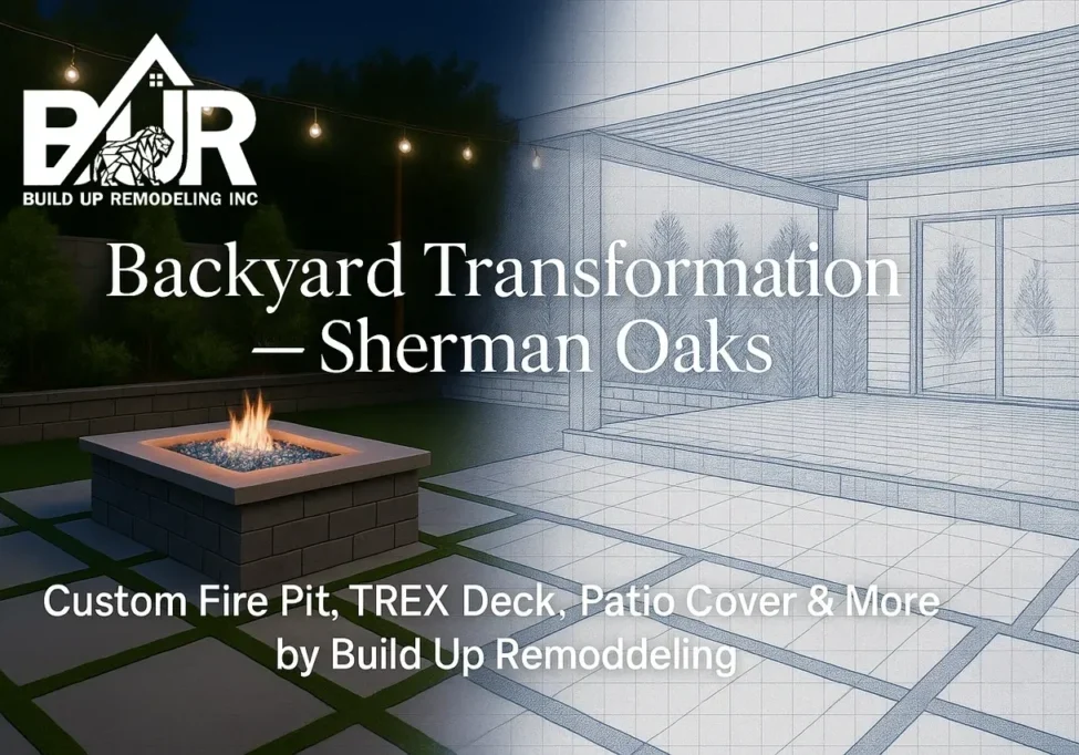 Backyard transformation design with fire pit.