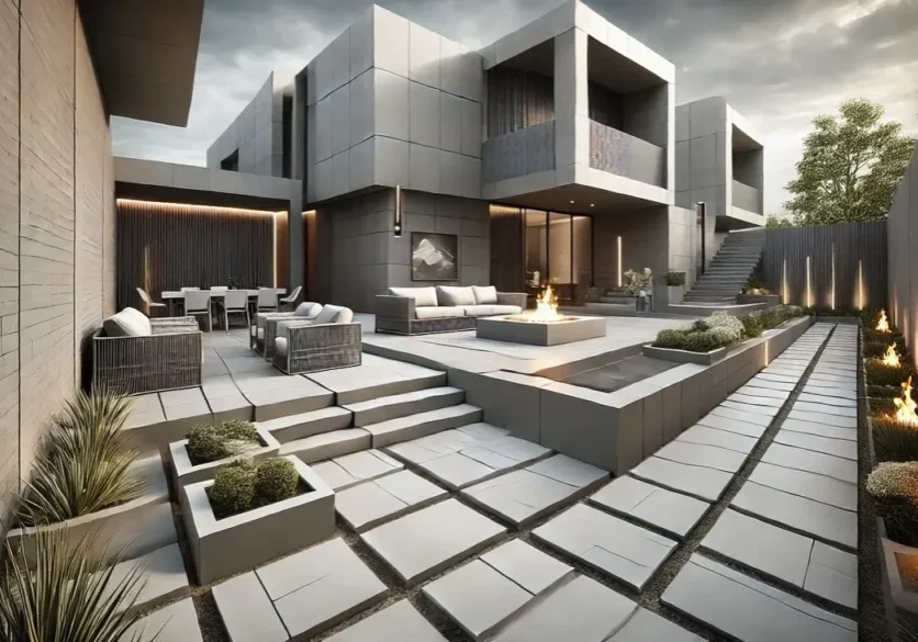 Modern patio with fire pit and seating.