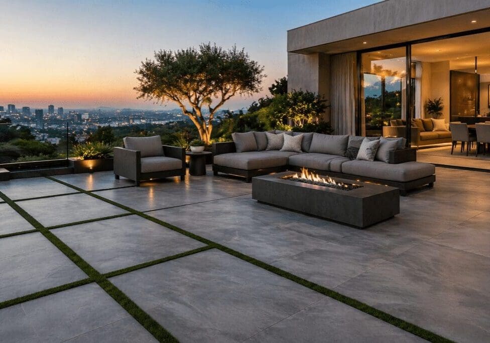 Modern patio with city view at sunset.